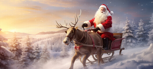 santa claus is riding on a reindeer in a sleigh, Christmas banner - obrazy, fototapety, plakaty