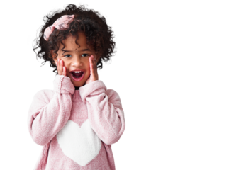 Portrait, pajamas and girl with surprise, kid and happiness isolated against a transparent background. Face, female child and shock with announcement, gossip and emoji with news, giveaway and png