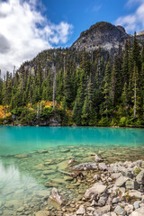 Blue glacier water of Joffre Lakes in the mountains of Western Canada