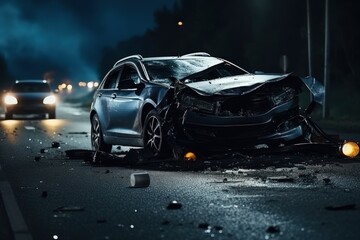 Insurance case - car accident. Dangers of speeding and drunk driving. A car being torn to pieces on the side of an urban road. Life, liability and property insurance. - obrazy, fototapety, plakaty