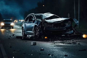 Insurance case - car accident. Dangers of speeding and drunk driving. A car being torn to pieces on the side of an urban road. Life, liability and property insurance. © Stavros