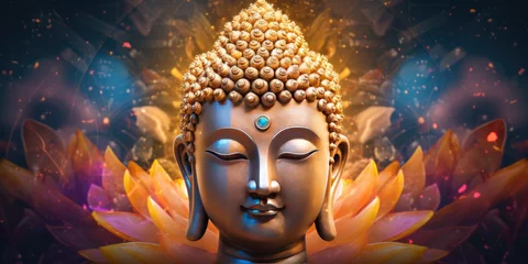 Rolgordijnen the glowing 3d buddha and flower with gold style on abstract background © Kien