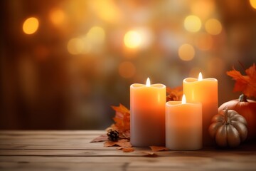 Obraz na płótnie Canvas Beautiful burning candles with autumn leaves and pumpkins on a wooden table. Copy space. Thanksgiving