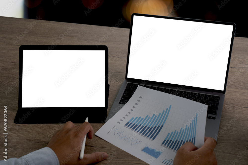 Poster businessman using a desktop compute mock up using laptop with blank screen computer modern