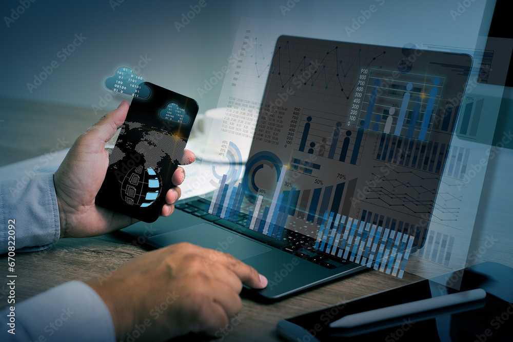 Poster work hard data analytics statistics information business technology businessman working with data an