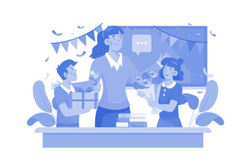 Students give flowers to the teacher