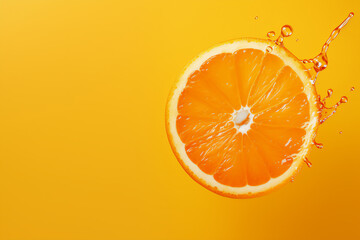 Orange slice with drops on yellow orange background, copy space