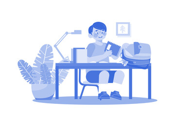 Boy Putting Books In School Bag