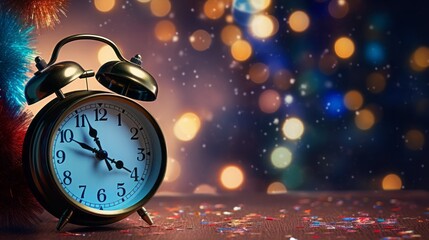 Fototapeta na wymiar A colorful photo of a black vintage alarm clock on a bokeh background, perfect for New Years or holiday designs.
