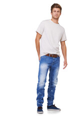 Fashion, portrait and confident man in jeans isolated on a transparent png background. Serious, style and person with hands in pocket, casual clothes and trendy tshirt for cool aesthetic in Australia