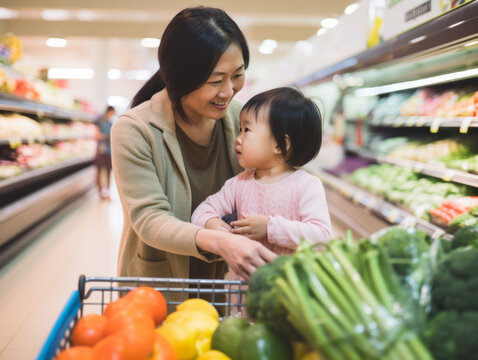 Asian-american women shopping at supermarkets with their children