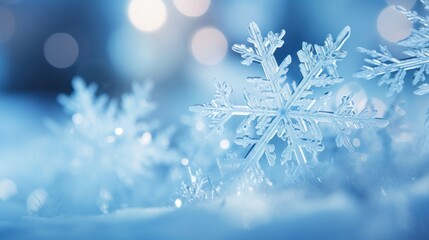 Macro shot of delicate snowflakes with intricate designs against a blue background.