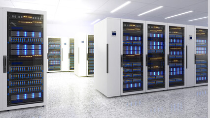 Shot of Data Center With Multiple Rows of Fully Operational Server Racks. Modern Telecommunications,Data center cooling,server room,3d rendering - obrazy, fototapety, plakaty