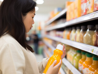Asian-american women buy organic juice at the supermarket
