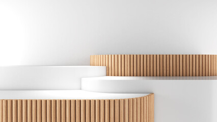 Model pedestal, display stand, white and wooden mockup, on a white background.,3D rendering