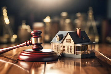 Buying homes and investing in real estate involve concepts like judging auctions, utilizing gavels for justice, and house models, It also encompasses real estate laws, taxes, and potential profits, - obrazy, fototapety, plakaty