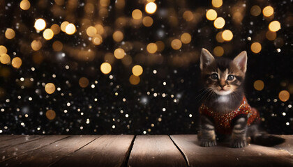雪景色と木のデッキの上にいる服を着た猫.generative AI - obrazy, fototapety, plakaty