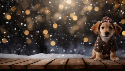 雪景色と木のデッキの上にいる服を着た犬.generative AI - obrazy, fototapety, plakaty