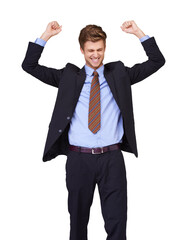 Success, happy and portrait of entrepreneur celebrate, happy and excited isolated in transparent or png background. Corporate, wow and professional businessman or worker winner of profit opportunity