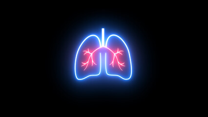 neon lungs icon. Glow Healthy Lungs, Human Respiratory System. Template for Pulmonary Clinic, Fluorography and Organ Screening. Shiny Neon Light Poster, Flyer, Banner. Glossy Background.