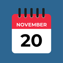 november 20 calendar reminder. 20 november daily calendar icon template. Calendar 20 november icon Design template. Vector illustration