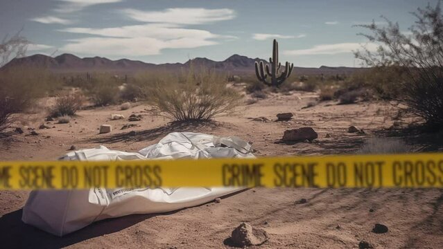 A crime scene with a dead body bag in the desert in Arizona. Police tape in the foreground and cacti with mountains in the background at a murder investigation