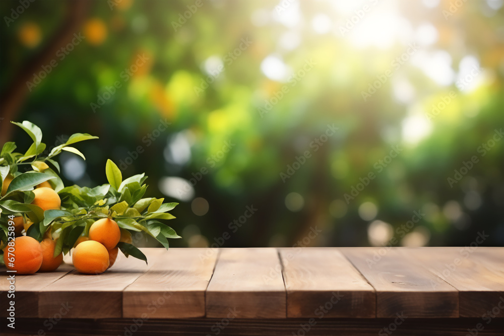 Wall mural Apricots on wooden table, blurred garden background - Wall murals