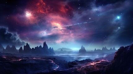 Fantasy of Another world with planet landscape background. AI generated image - obrazy, fototapety, plakaty
