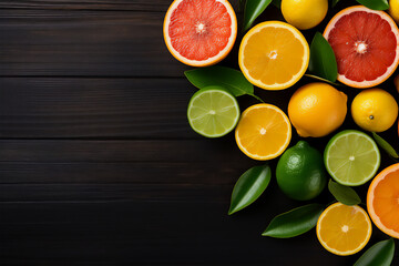Citrus fruits on wooden background, orange, lime and lemon on dark wood background, copy space