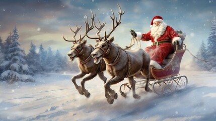 Rendering Santa flies his reindeer drawn sleigh against snow covered trees winter. AI generated - obrazy, fototapety, plakaty