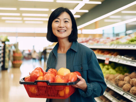 Portrait of a middle-aged AsiAn-American woman standing in a supermarket