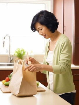 asian woman taking out food from bag