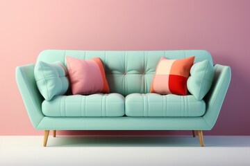 Sofa with a pastel mint green frame and soft pastel gray cushions, achieving a balance of color and neutrality, Generative AI 