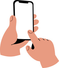 Hand gesture holding telephone and finger pointing at screen vector