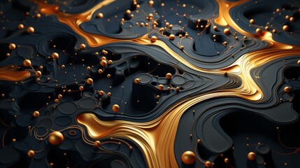 Swirling in a sea of opulence, the black and gold liquid engulfs shimmering gold balls in a wild and abstract display of art