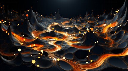 A fiery dance of amber and orange dots illuminates the night, as the heat radiates from the fluid, wavy surface in a wild and captivating display