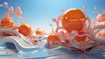 Vibrant orange spheres float against a cartoon sky, while a cascading white liquid creates a wild and whimsical scene