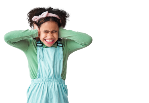 Child, pain or hands on ears for noise on isolated, transparent and png background. African kid, autism and facial expression with anxiety, adhd or frustrated with bad news, earache or stress problem