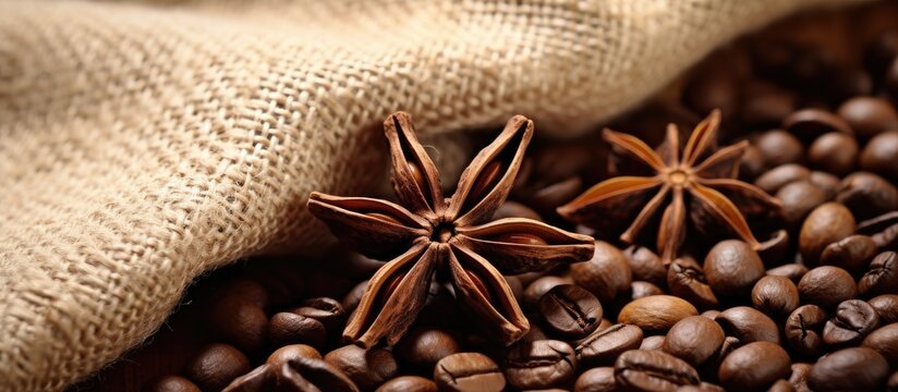 Close up of coffee beans and star anise placed on rough cloth