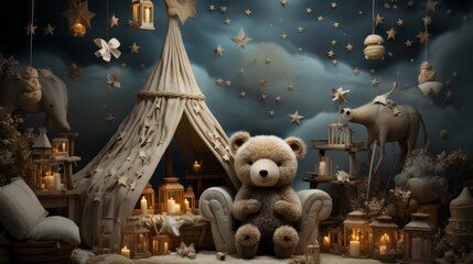 A whimsical art piece captures the essence of childhood nostalgia as a toy teddy bear sits in a regal chair, embodying the magic of christmas in a timeless statue