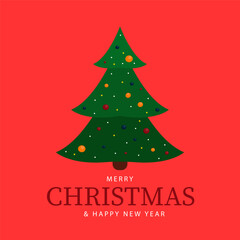 Merry Christmas and happy new year greeting card. Decorated Christmas tree on a red background traditional vector illustration