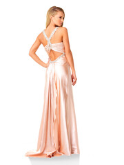 Back, fashion and glamour with a woman bridesmaid in an elegant dress isolated on transparent background. Beauty, style and a young model in a classy outfit for a wedding, party or event on PNG