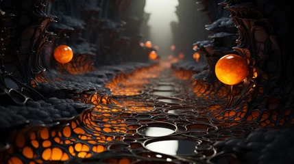 Wandaufkleber A luminous journey through an otherworldly landscape of fiery orbs, cascading waterfalls, and a hauntingly beautiful mix of warm amber and cool winter tones © Envision