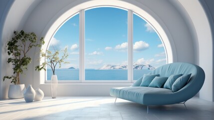 Naklejka premium Immerse yourself in the cozy comfort of a modern living room, complete with a plush loveseat, sleek furniture, and a large window inviting in natural light and stunning views