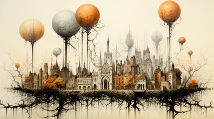 Amidst the open sky, a vibrant cityscape adorned with spherical balloons and lush trees evokes a whimsical and dreamlike atmosphere - obrazy, fototapety, plakaty