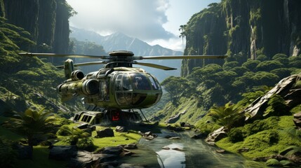 A roaring helicopter soars through the lush green canopy of a jungle, its rotorcraft slicing through the thick mountain air as it transports its passengers on a thrilling outdoor adventure