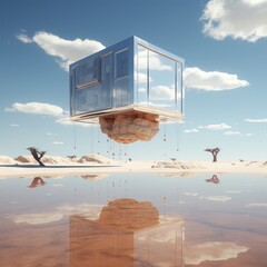 Amidst a sea of ethereal clouds, a floating house perches delicately in the sky, its mirrored surface reflecting the vast expanse of water below