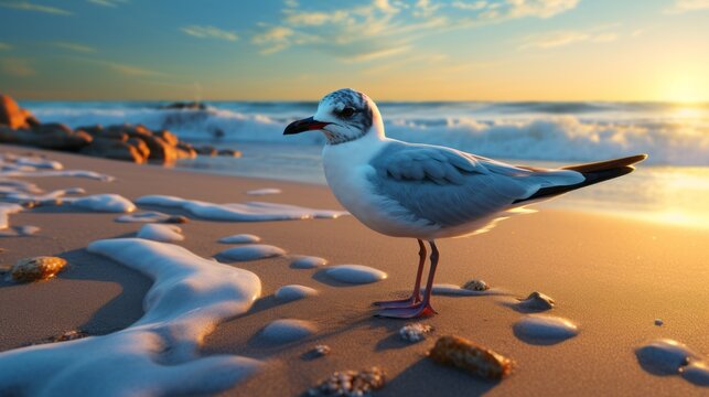 As the fiery sun sets over the ocean, solitary seabird, a gull of the lari family, stands tall and proud on sandy beach, its feathers ruffled by the cool winter breeze, its gaze fixed on vast ex