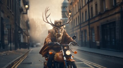 In the midst of a dense fog, a daring figure clad in a striking garment roars through the city streets on their powerful motorcycle, the surrounding buildings blurred in their wake