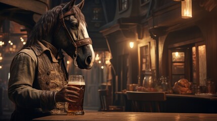 Under the starry night sky, a majestic horse stands in front of a grand building, sipping beer from a glass held by a mysterious person on a dimly lit street